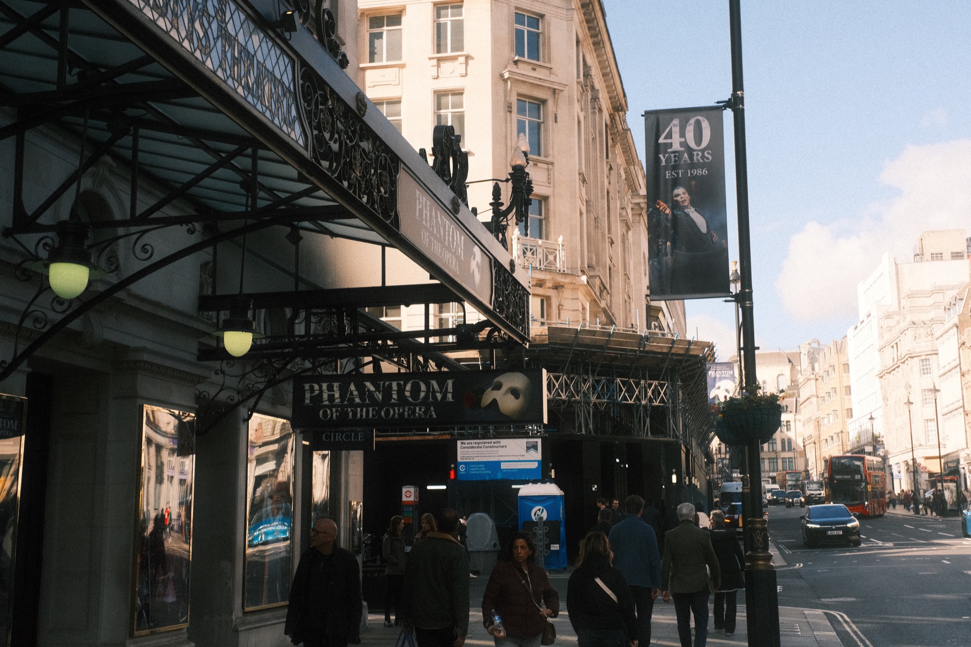 His Majesty's Theatre on Haymarket, with banners for Phantom of the Opera.